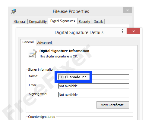 Screenshot of the THQ Canada Inc. certificate